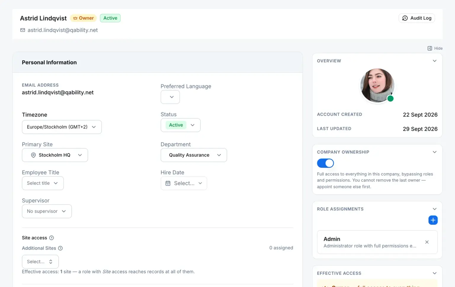 Multi-Site & Departments: a user's record with a primary site, a department, and a separate additional-sites control whose effective-access line explains that site-scoped roles reach every assigned site.