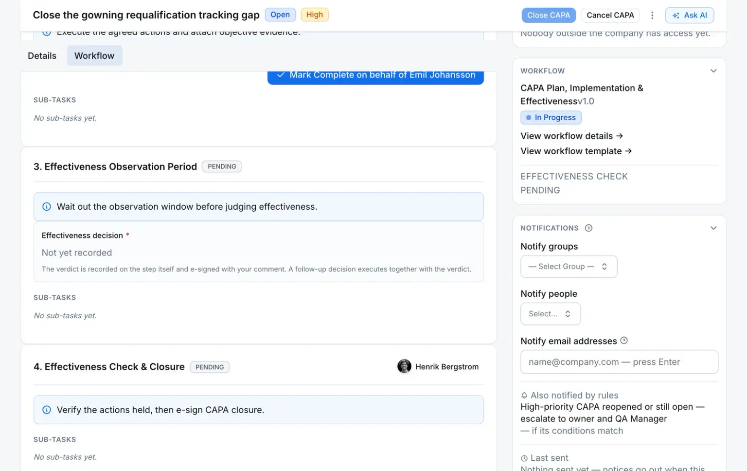 The Effectiveness Observation Period step on an open CAPA's workflow, still pending, with the effectiveness decision not yet recorded and the note that the verdict is recorded on the step and e-signed with a comment.