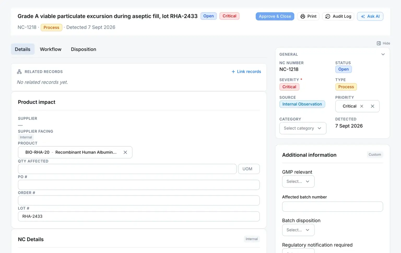 A nonconformance at Open, showing its severity, type, source and priority, the product and lot it concerns, and the date it was detected.