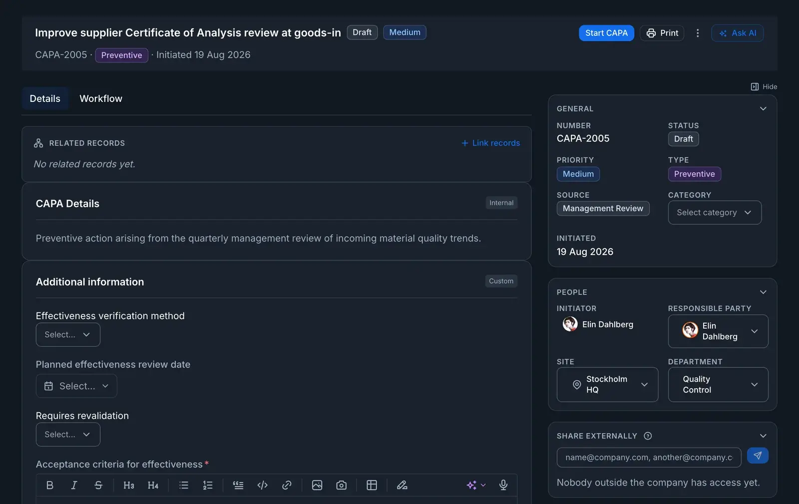 A CAPA record in QAbility at Draft, showing its priority, type and source, its initiator, responsible party, site and department, and the fields for its effectiveness verification method and planned review date.