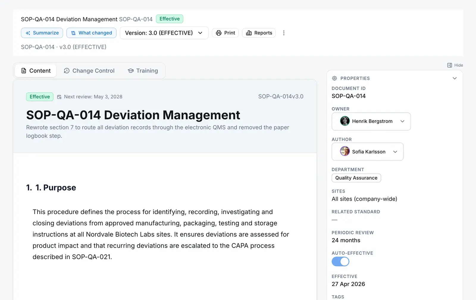 A controlled SOP open in QAbility at effective version 3.0, with its next review date, its Content, Change Control and Training tabs, and the document's properties beside it.