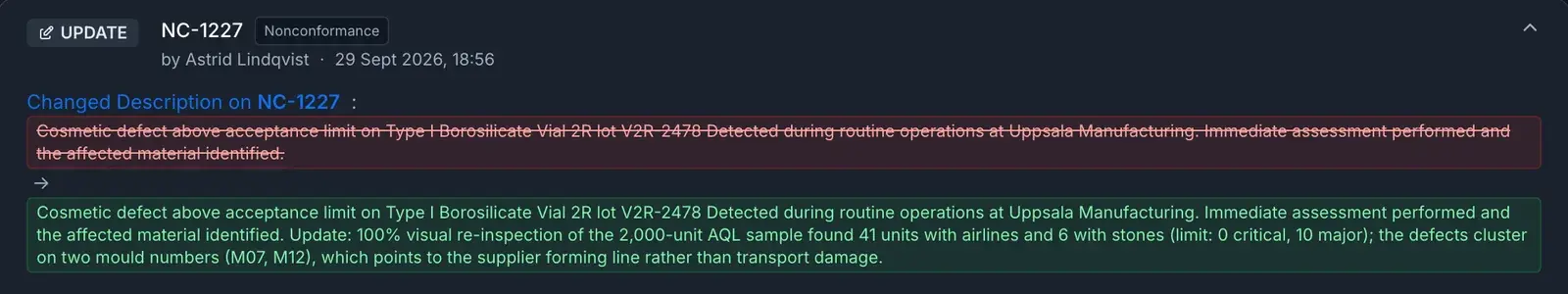 A single audit entry expanded to its before-and-after state: the nonconformance description struck through in red above its updated text in green, stamped with the user and time and carrying no edit or delete control.
