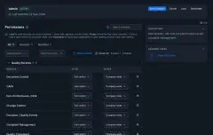 Roles & Permissions: the Admin role's permission matrix, each module with its access level and scope, beside the role's description and assigned users.