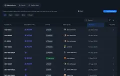 App Builder: records captured on custom forms, each with its own numbering prefix, a draft, review or approved status, its author and creation date.