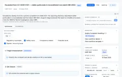 Quality Complaints: an open complaint with its QA assessment and the complaint-handling workflow step in progress.