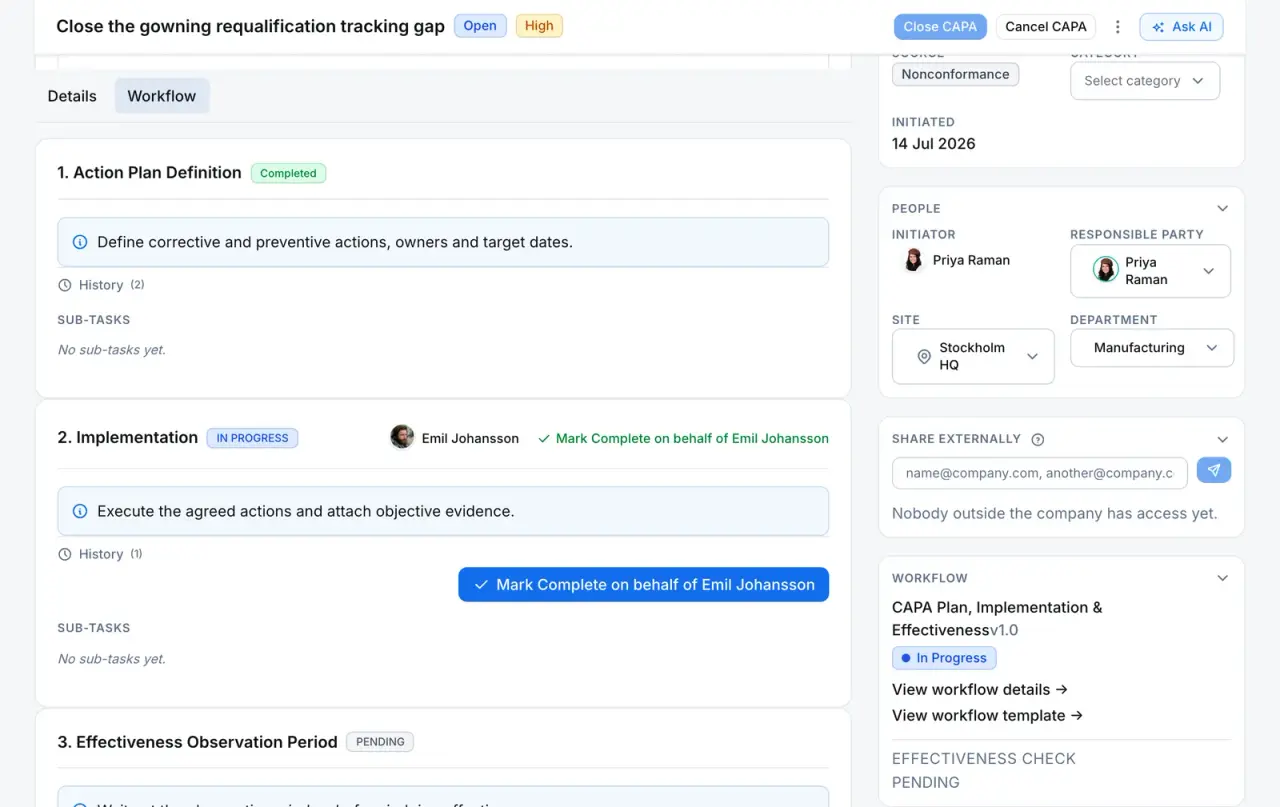 The CAPA workflow with its approval steps