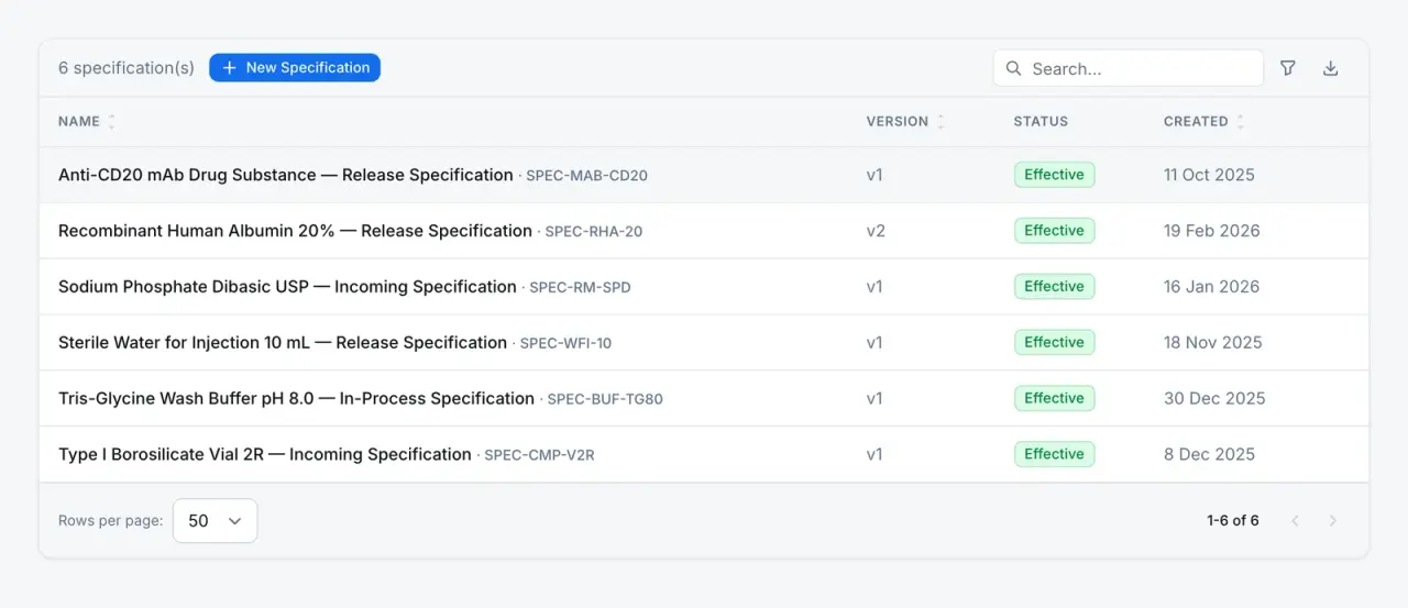 The specifications library with versioned item specifications