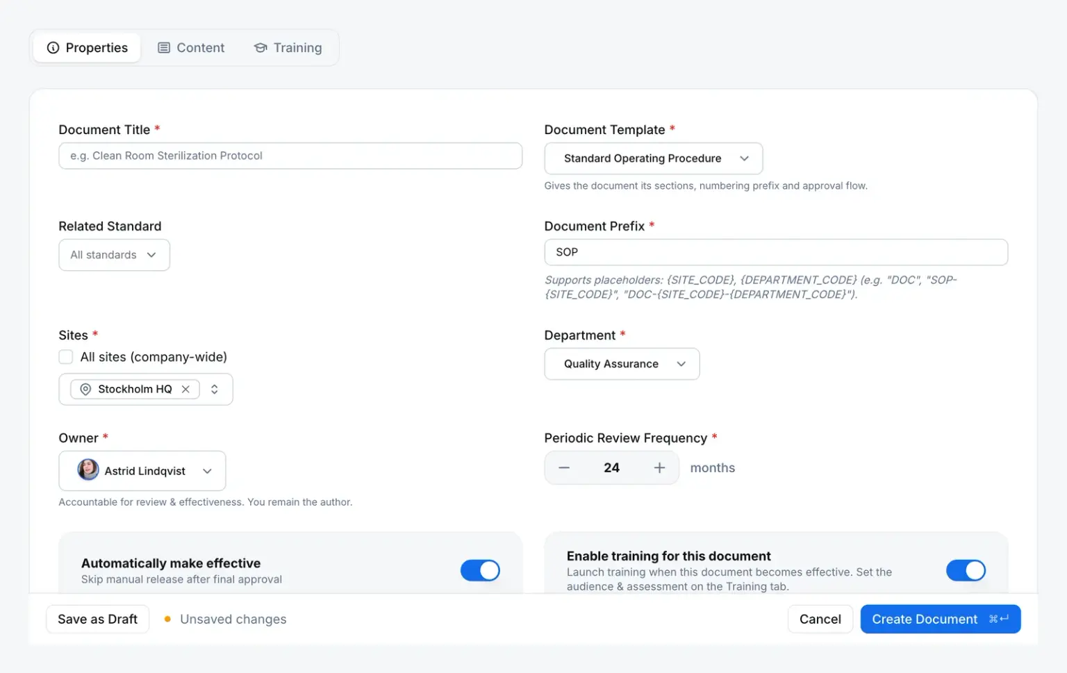 Creating a new controlled document from a template in QAbility