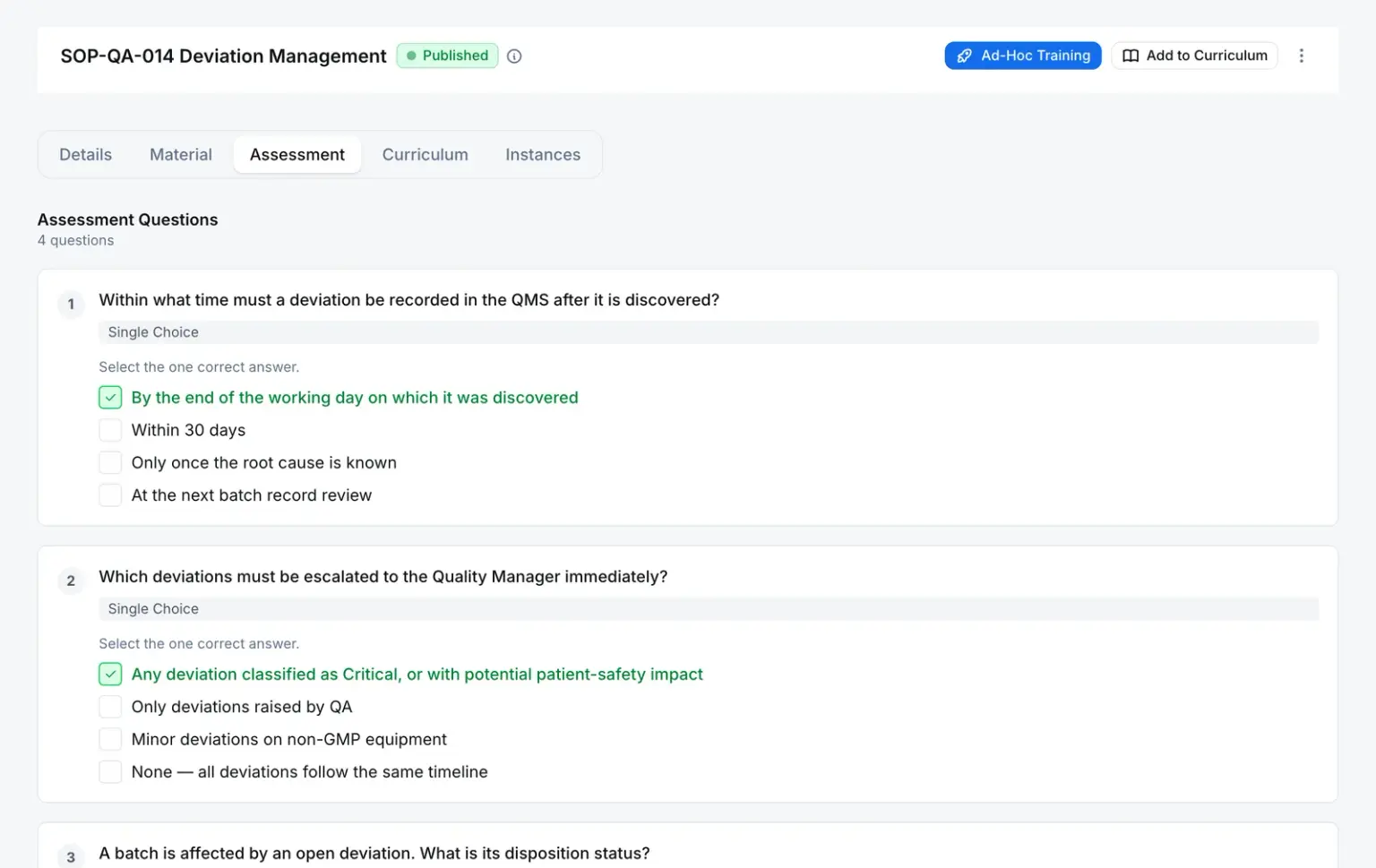 Quiz questions on a training assignment linked to a controlled document